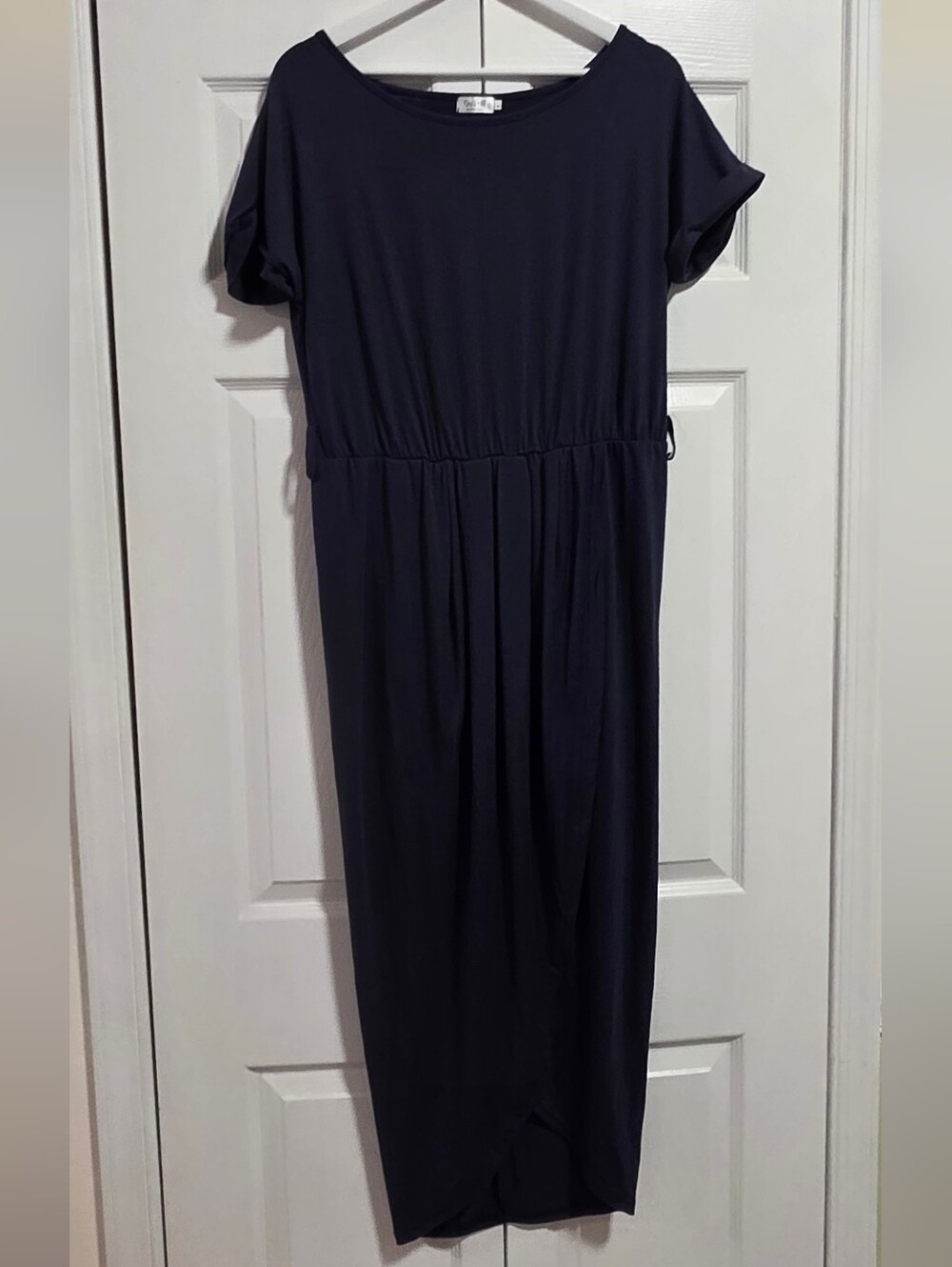 Classic Navy Short-Sleeve Maxi Dress with Elastic Waist